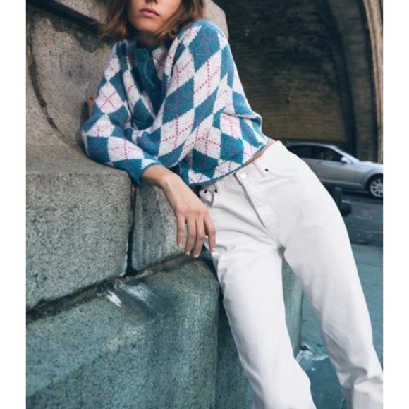 Zara Sweaters - Zara Argyle Knit Jacquard Sweater Cardigan Round Neck Blue Color Sz S